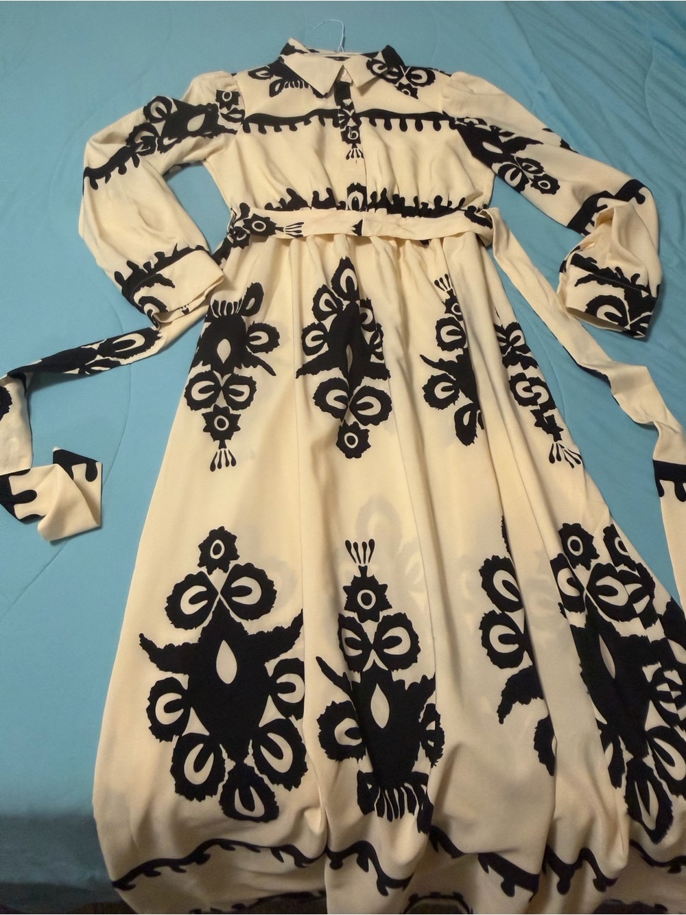 Fall Cream and Black Long-Sleeve Shirt Dress with Belt